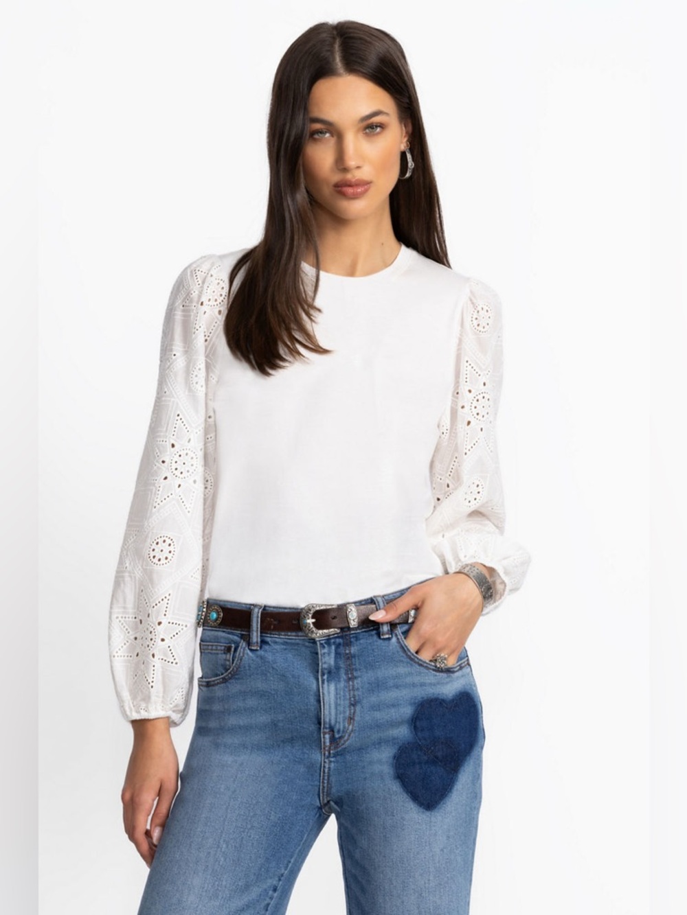 JOHNNY WAS Nora Easy Tee Medium white long sleeve eyelet cotton Lagenlook dainty